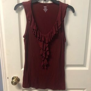 Sleeveless Shirt, ruffle detail at neck. Sz small. Maroon/burgundy.
